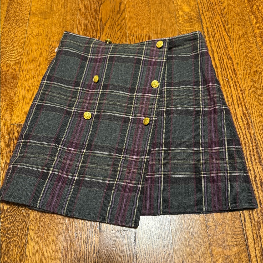 Brooks Brothers 100% Wool Mini Plaid Skirt Gold Buttons Quiet Luxury Academia